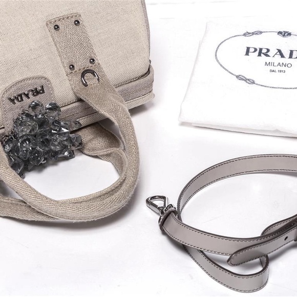 Authentic Vintage PRADA Natural Canvas Crystal Mistolino Frame Bag - Picture 4 of 14